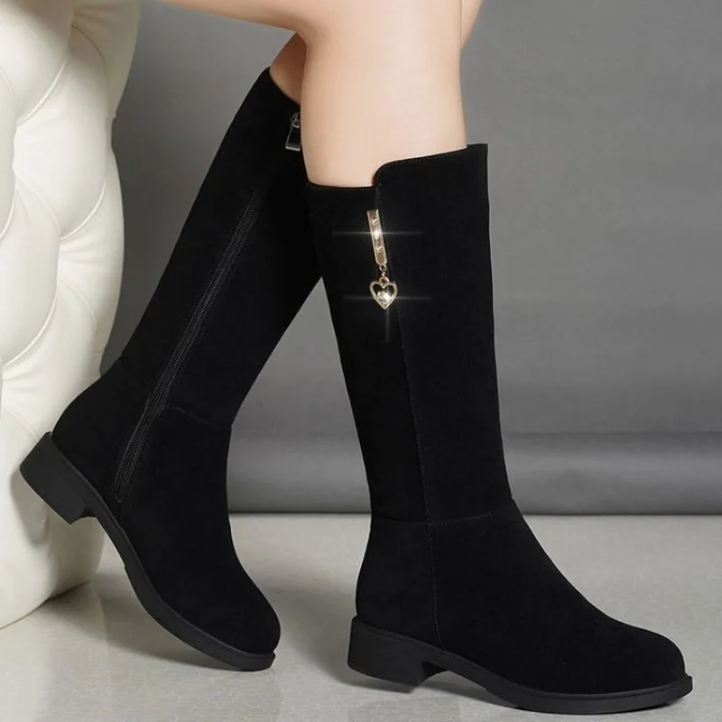 Women Round Toe Suede Knee High Boots, Black Heart Pendant Side Zipper Low Heel Slim Fit Winter Long Boots