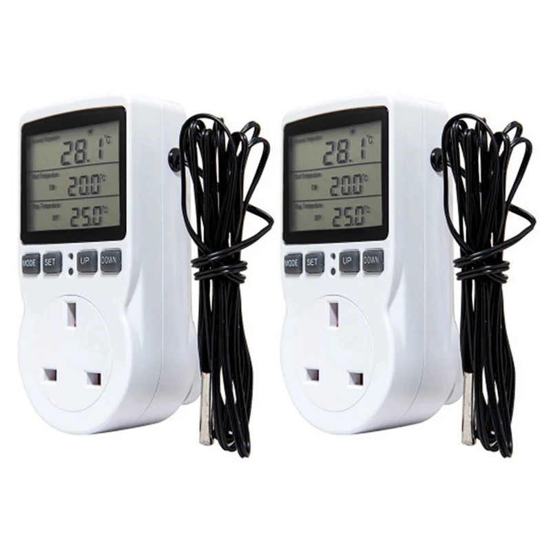 Hot 2X Digital Temperature Controller Thermostat Outlet Socket Plug Heating Cooling Timer For Homebrew Greenhouse UK Plug