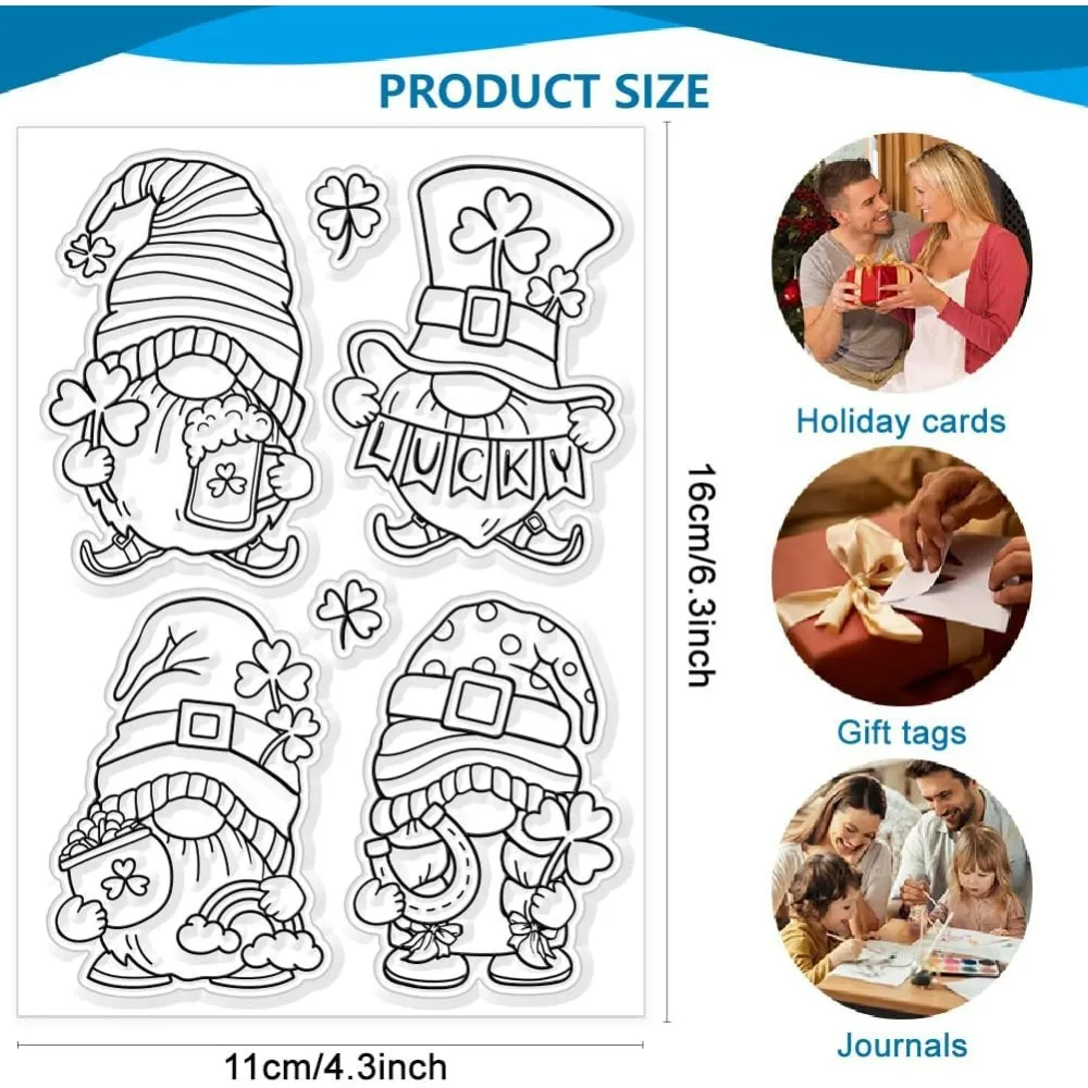 Gnomes Clear Stamps Silicone Stamps Clover Background Transparent Stamps for St. Patrick's Day Card Making DIY Scrapbooking