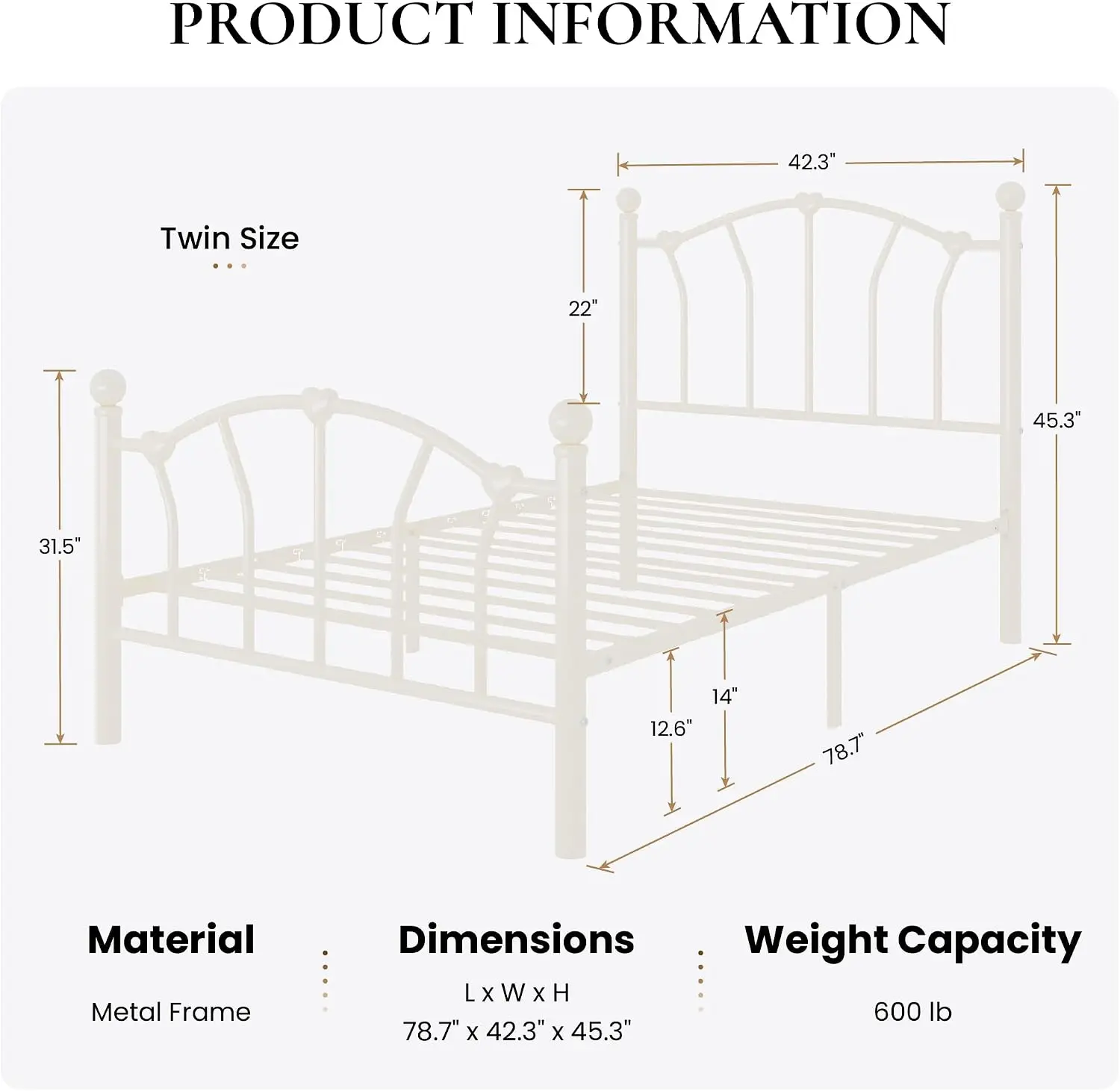 Twin Bed Frame Kids Cream White Metal Heart Shaped 14 Inch Iron Art Platform Headboard Footboard Under Bed Storage Noise Free No