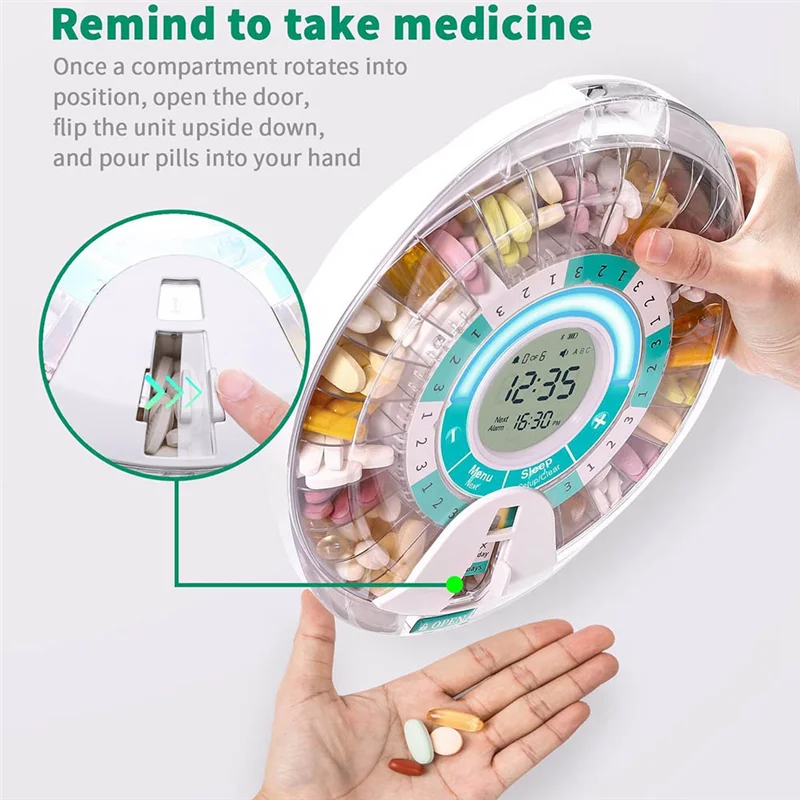 

Alarm Enabled 28-Day Electronic Locked Pill Box, Automatic Dispenser With Sound& Light Reminders For Elderly