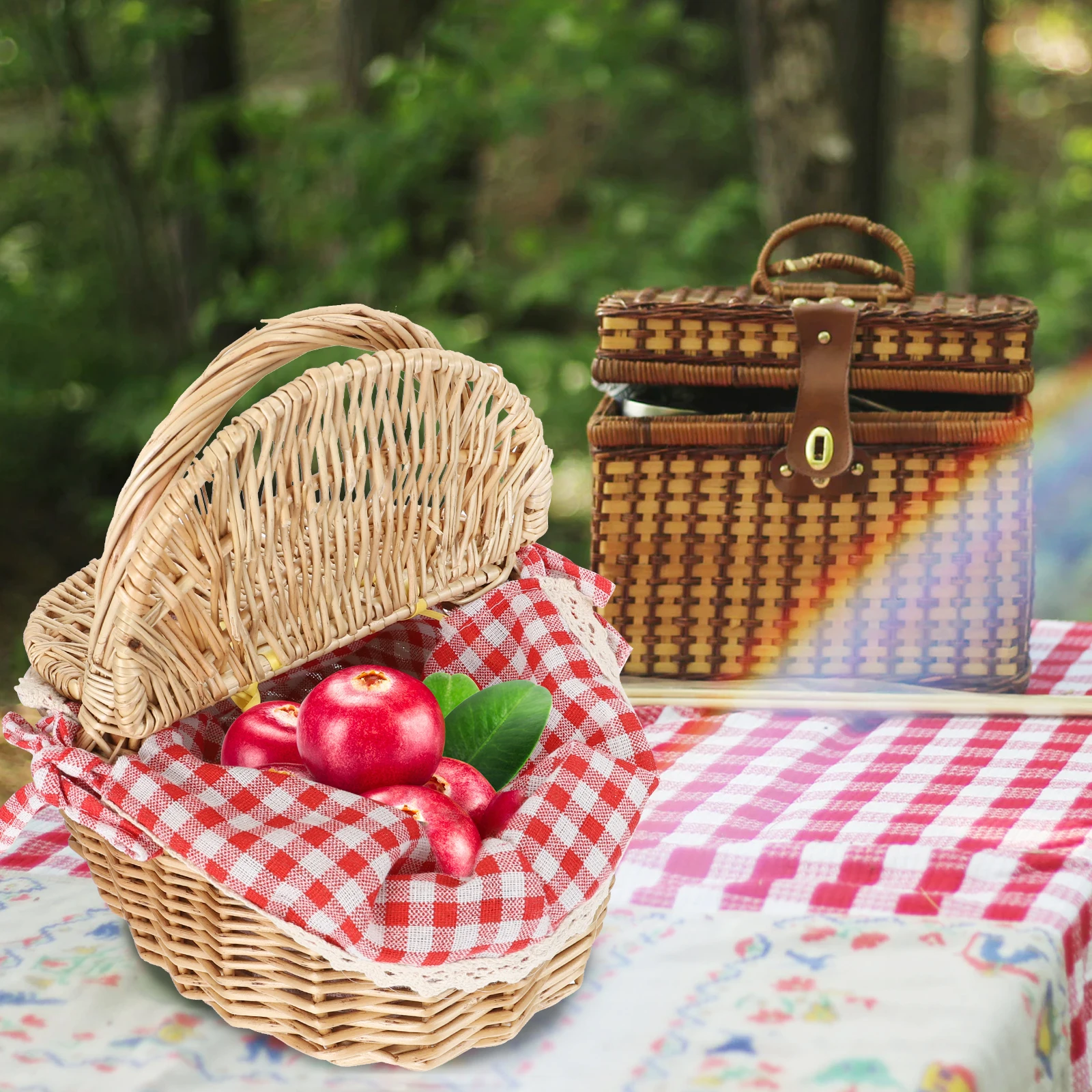 

1pc Rattan Storage Basket Picnic Pink 26x18x15cm Lid Handwoven Bread Baskets Home Decor Vegetable Fruit Weaving Container