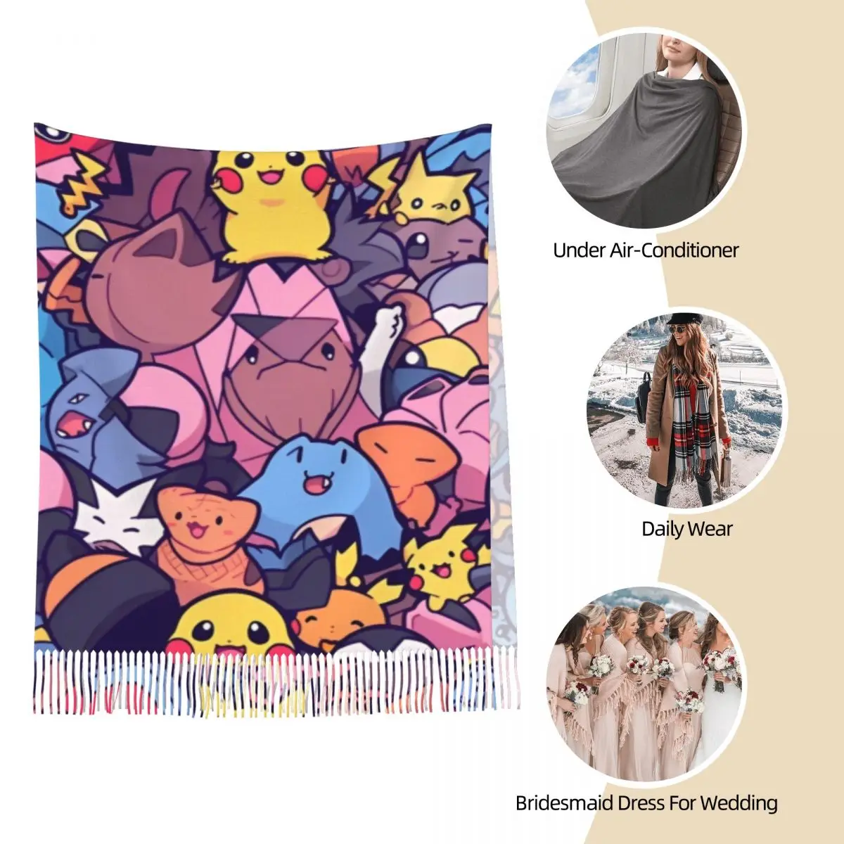 Lenço anime pokemon pikachu feminino, xales e envoltório de pashmina, cachecóis longos e grandes com borla para senhoras, desenhos animados fofos, outono e inverno