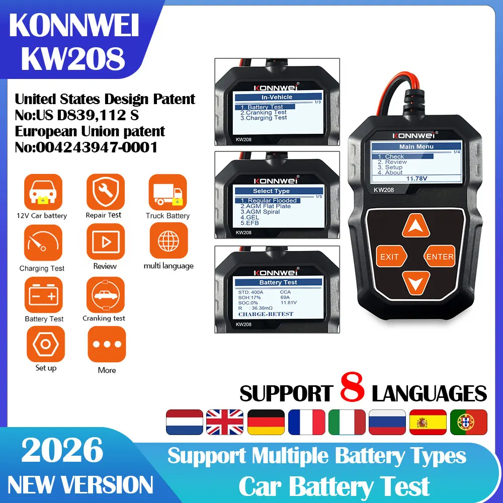 

2026 KONNWEI KW208 12 В тестер автомобильного аккумулятора профессиональный тестер нагрузки автомобильный анализатор генератора тест напряжения формы сигнала автомобиля/мото