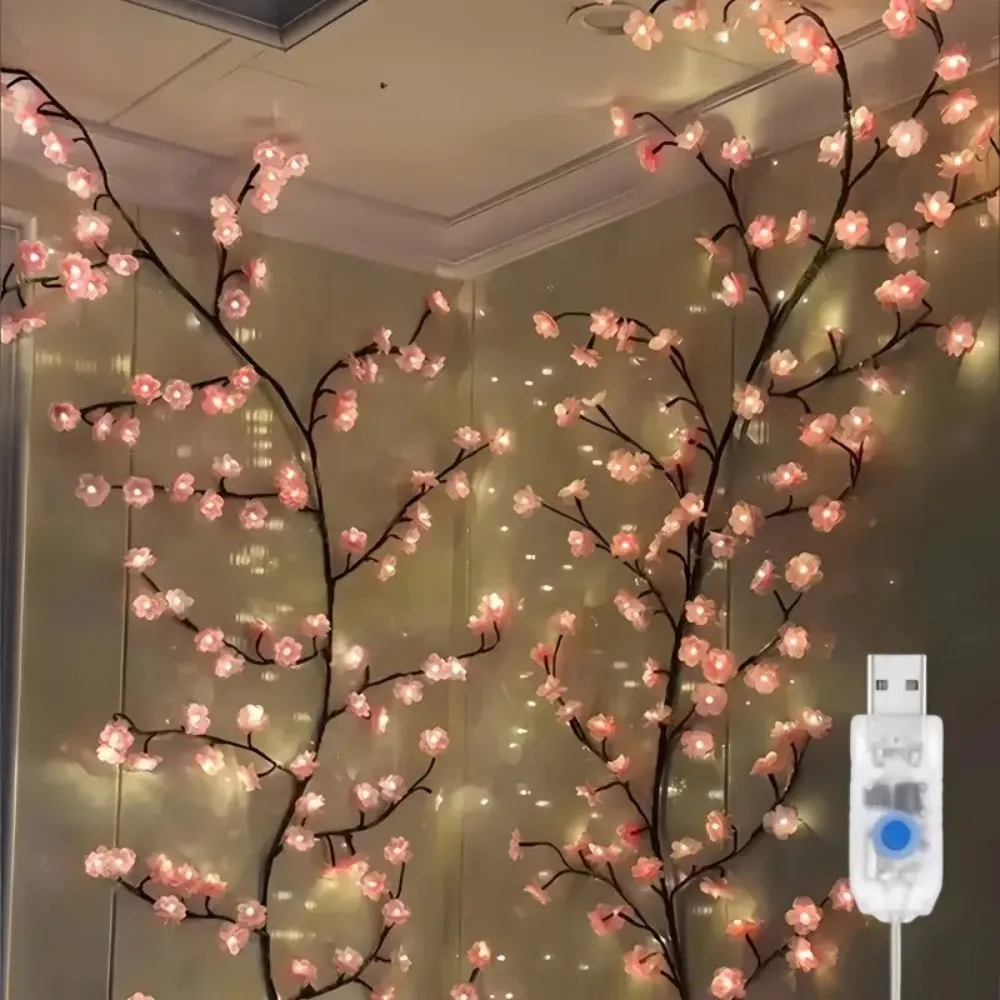 1PC 72/96/144LED USB Powered Cherry Blossom Vine Garland Light,  Artificial Flower String Lamp，Bedroom Wedding Home Decoration