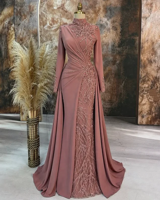 Sparkling Dusty Rose Muslim Formal Evening Gown Embroidery High Neck Long Sleeves Arabic Mermaid Floor-Length Party Dress Custom