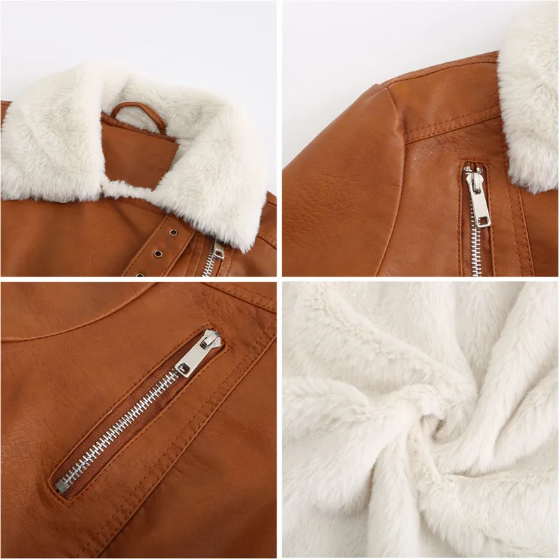 แจ็คเก็ตสตรีทแวร์สุดฮิตสำหรับสาวออฟฟิศ  ใหม่ล่าสุดประจำปี 2025 แจ็คเก็ตหนังฤดูหนาวสำหรับผู้หญิง แขนยาว บุขนอุ่น