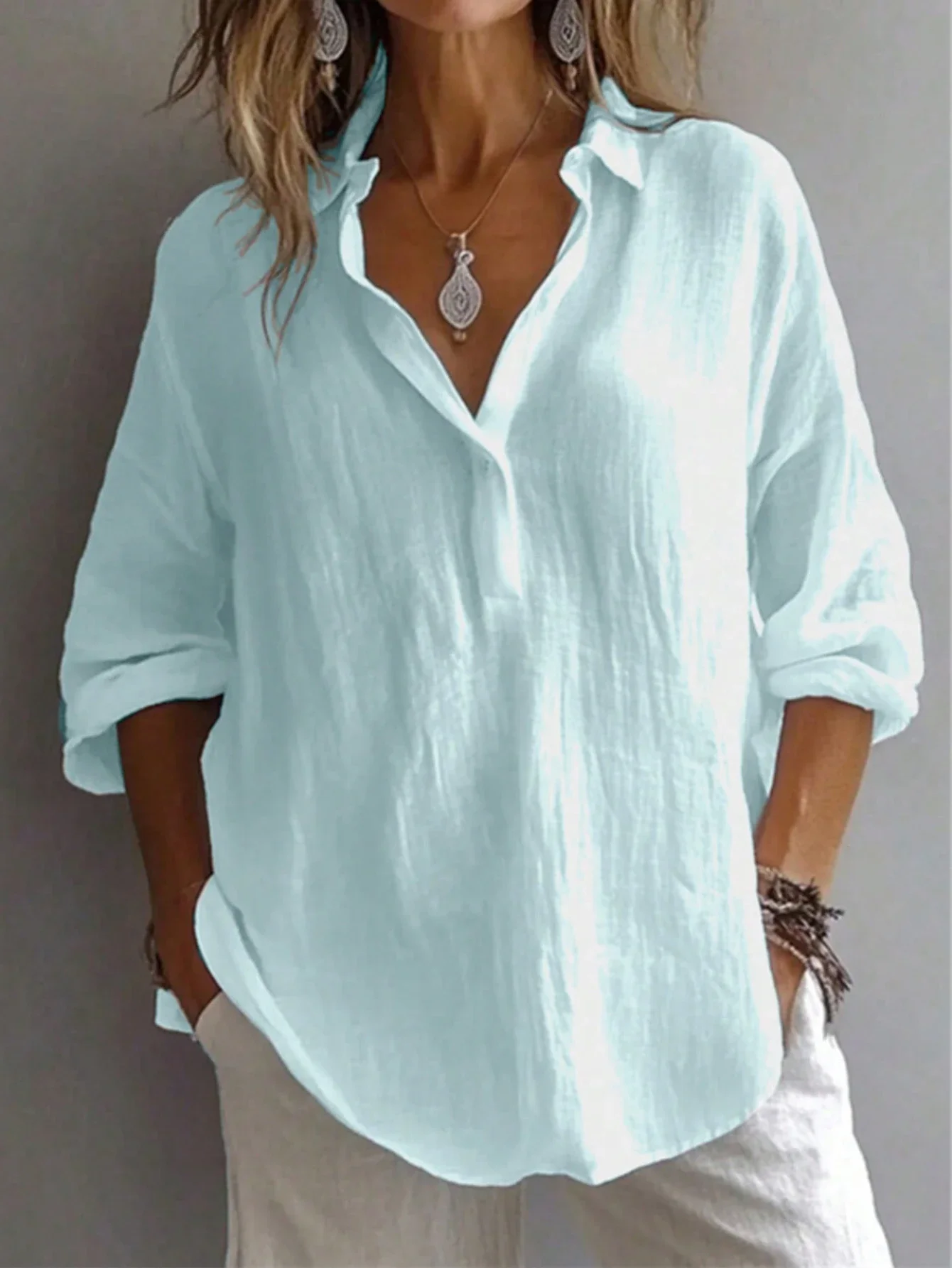 

Plus Size Women Solid Color Casual Long Sleeve Button Up Shirt