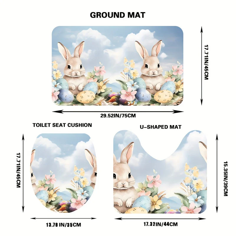 3 Pcs Rugs Set, Rabbits And Eggs Small Bathmats, Washable Bath Carpet, Long Indoor Entry Mat, House Goods, Bathroom Acc