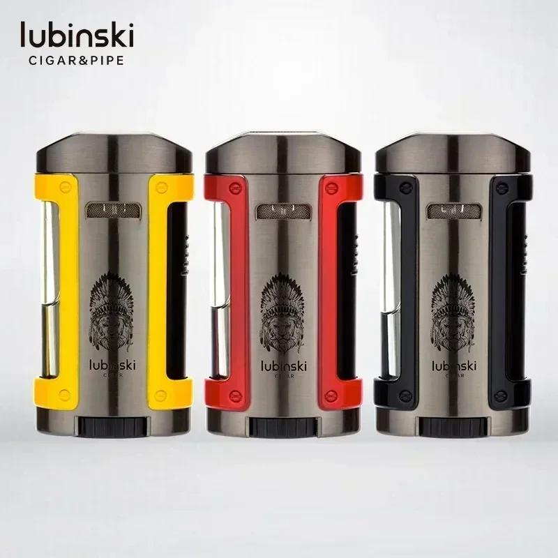 LUBINSKI Four Fire Direct Spray Outdoor Metal Windproof Butane Gas Luxury Torch Cigar Lighter Portable Lighter High end Men's Gi