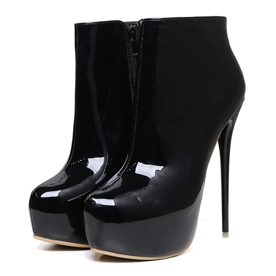 Big Size 35-47 Patent Leather Women Boots Round Toe Side Zipper Super High Heels 16CM Pumps 2024 Sexy Platform Party Shoes Woman