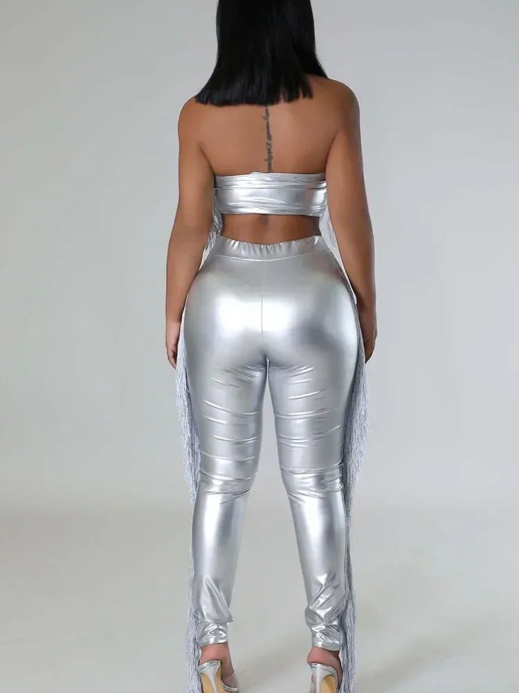 Sexy Metallic Tassels Pants Set Women 2 Piece Birthday Outfits Clubwear Strapless Crop Top and Pants Matching Sets Y2k Mujer