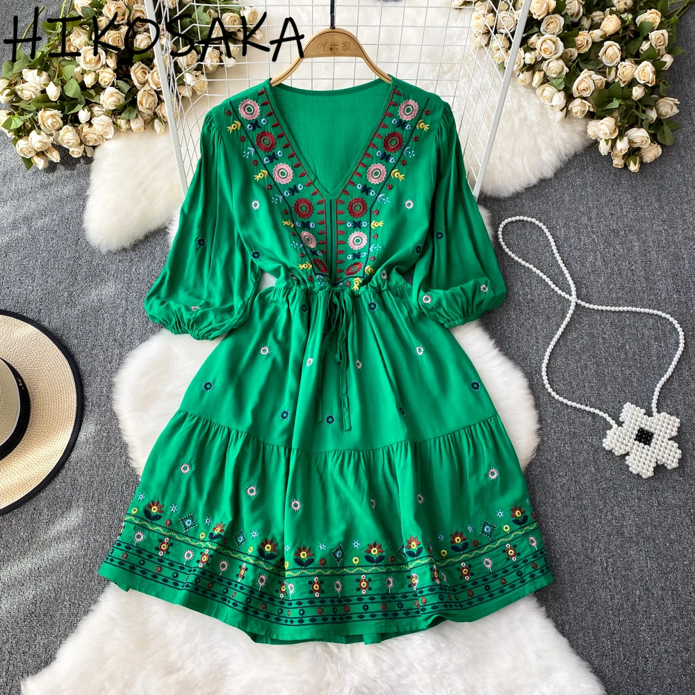 

Bohemian Beach Vacation Dress Vintage Ethnic Style Embroidert V-neck Slim Waist A-line Robe 2025 Summer Casual Vestidos Mujer