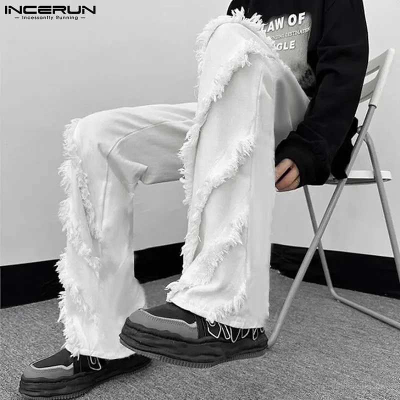 INCERUN Men Pants Tassel Patchwork Button Joggers Streetwear Casual Straight Trousers Men Loose 2024 Fashion Leisure Long Pants