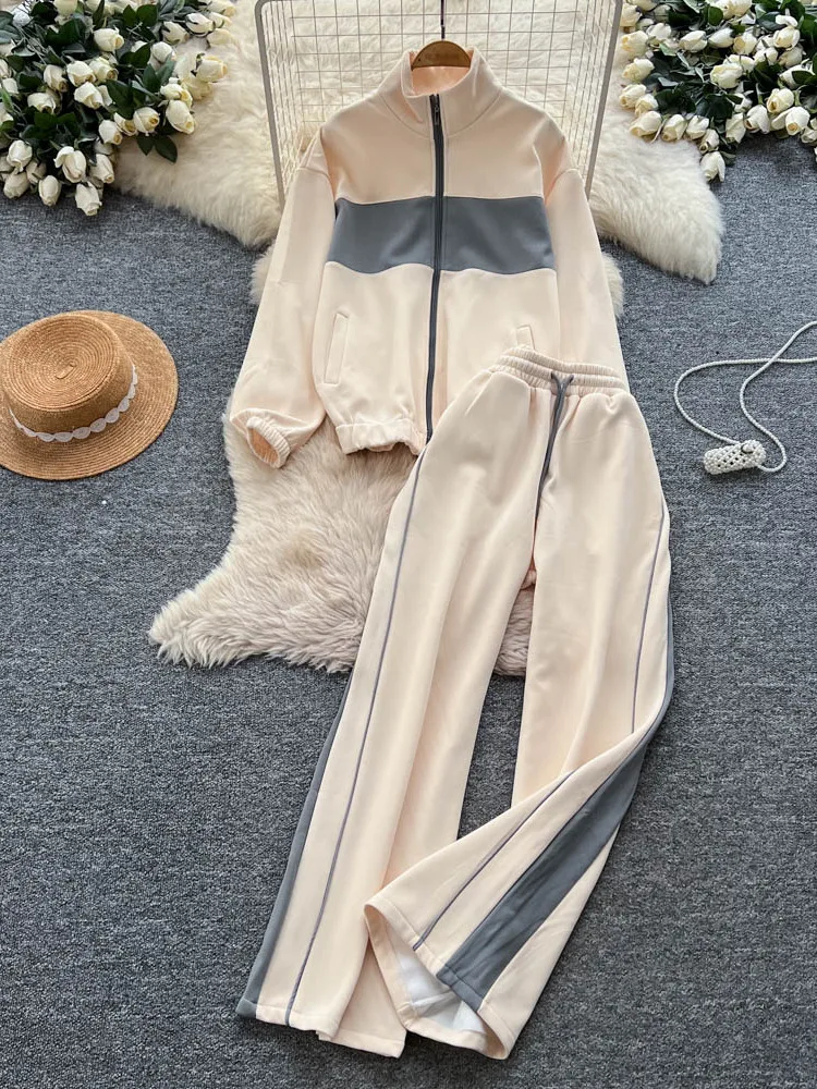 

Casual High Waist Patchwork Zipper Open Cardigan Wide Leg Pants Two Piece Set Faionable Hong Kong Sle Women's Ensemble