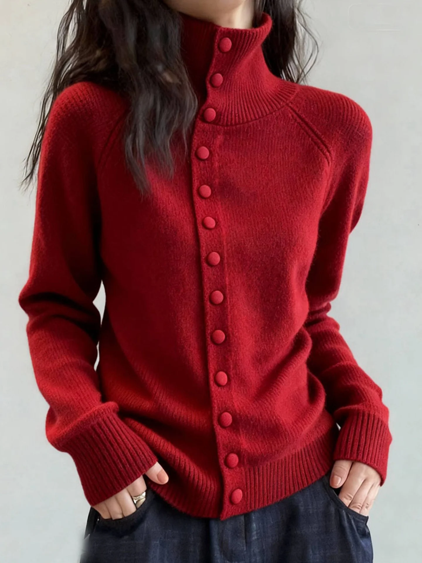 

Thiened открытый кардиган с высоким воротником на одной пуговице, белый улучшающий зимний вязаный свитер, корейский Sle Commute Faion, большие размеры