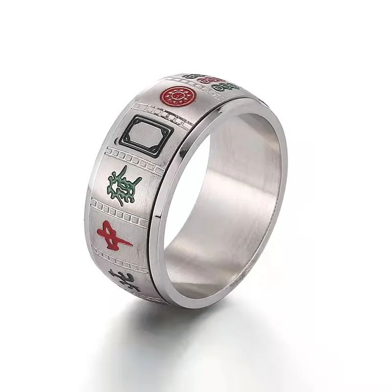 New Fashion Spinning Ring for Women Men Chinese Character Mahjong Anxiety Fidget Rings Stainless Steel Ring Fashion Jewelry