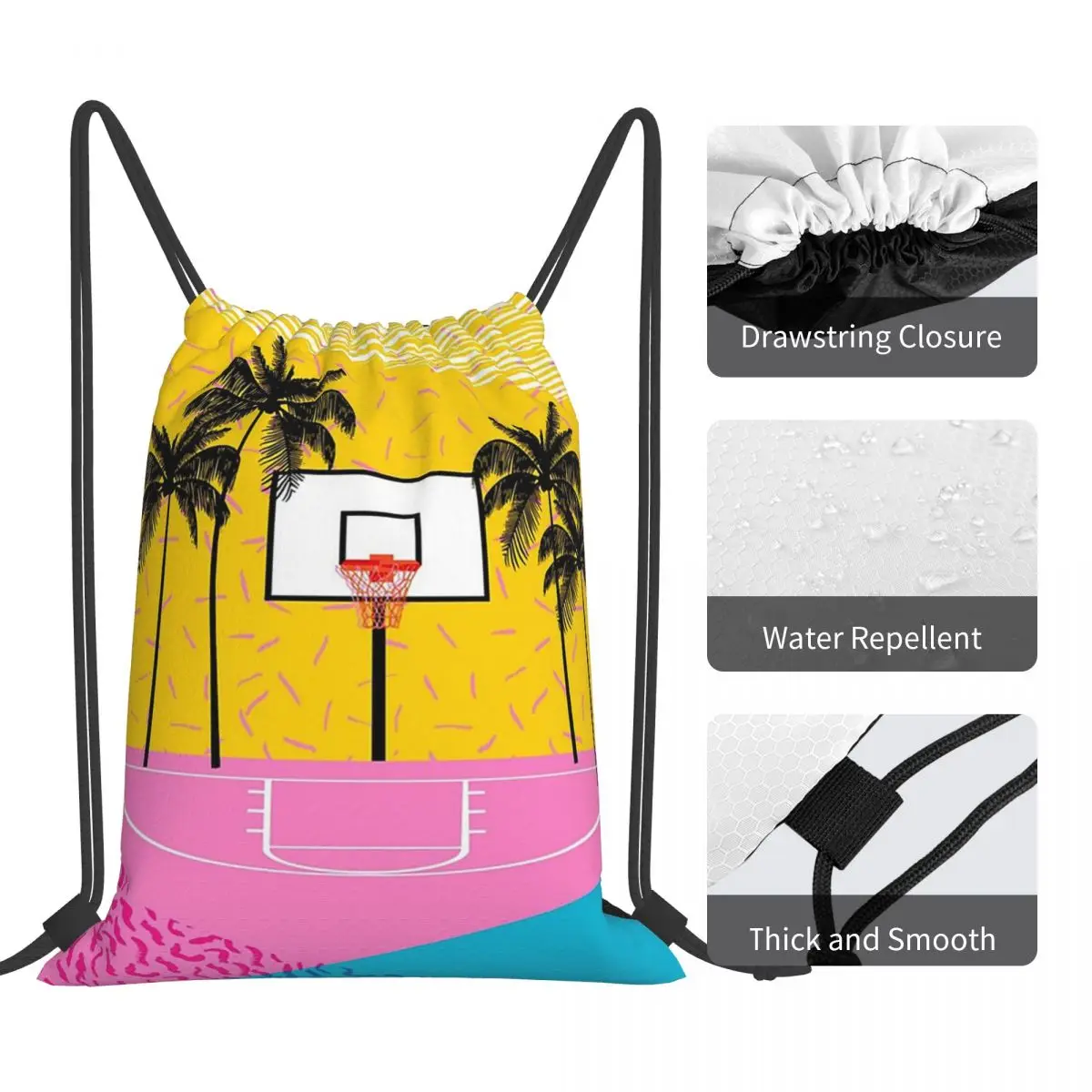 Memphis Retro Vibes Basketball Sports Athlete 80s Style 1980 Backpacks Drawstring Bags Drawstring Bundle Pocket Sports Book Bag