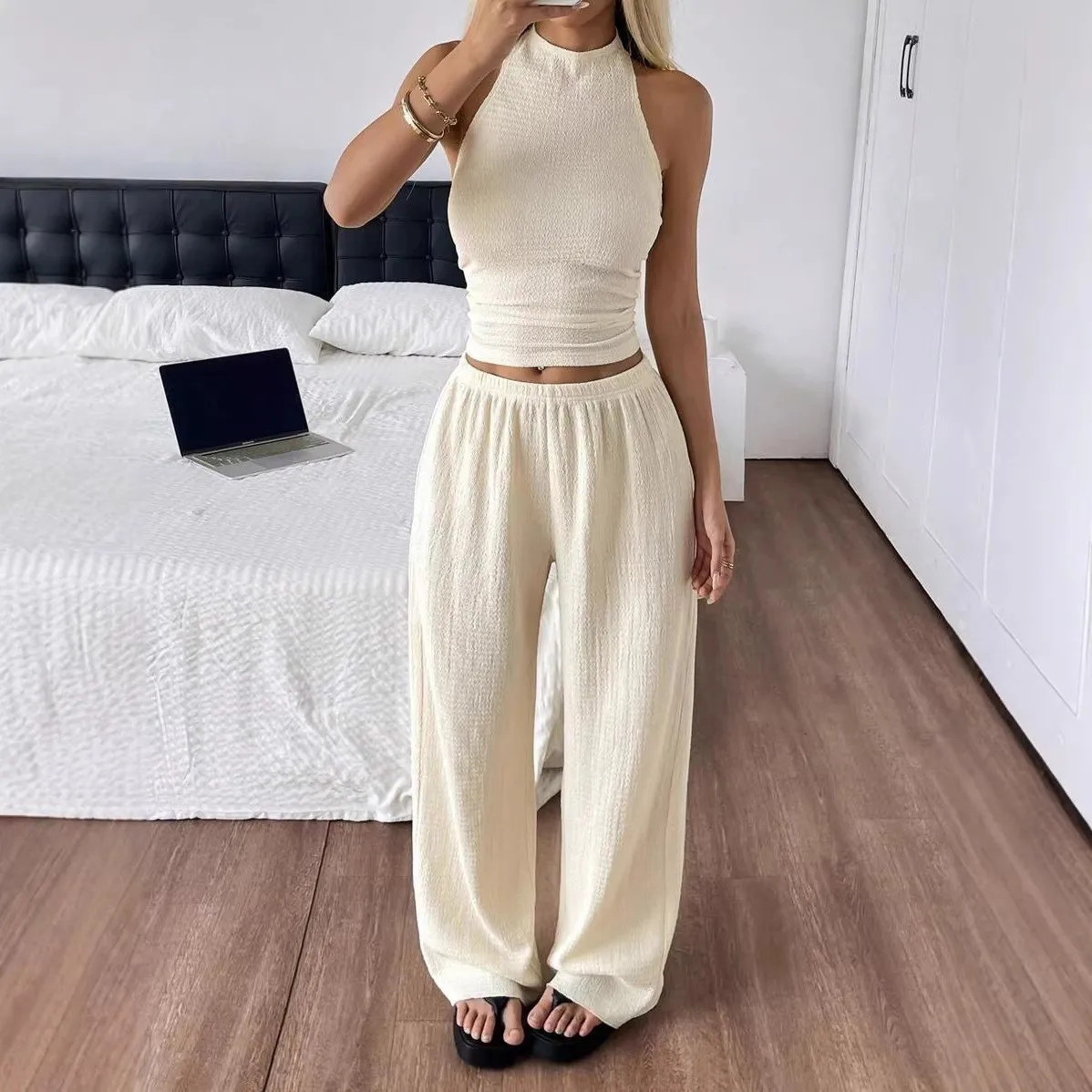 Casual Two Set Full Length Elegant Commuting Sleeveless Tank Top with Long Pants Patchwork Casual Set for Women