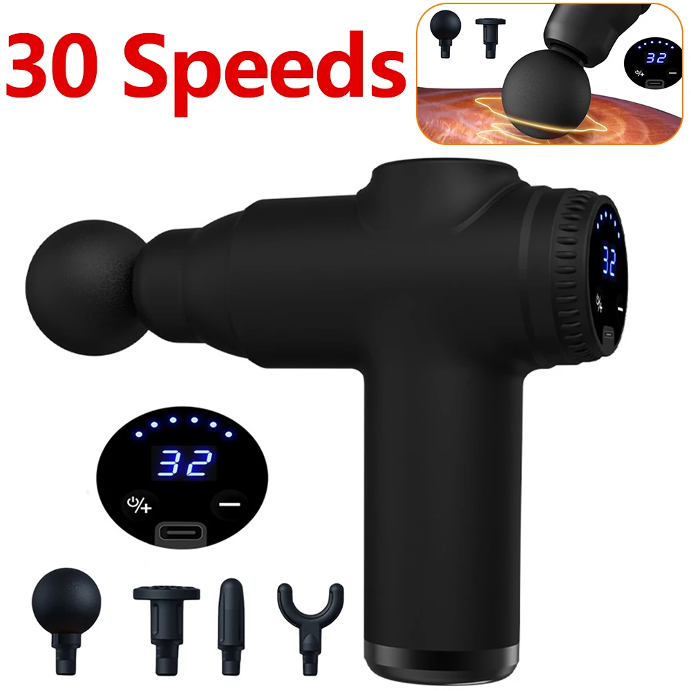 Electric Massage Gun Deep Tissue Facial Massgaer 30 Speed 4 Head Arms Back Leg Muscle Relaxing For Body Back Arm Sport Fitness