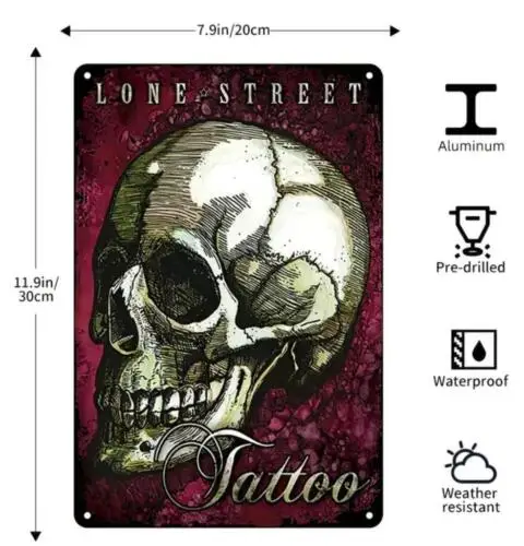 TATTOO TIN SIGN SKULL LONE STREET TATTOO RETRO SIGN WALL MAN CAVE ART TATTOO ART sign