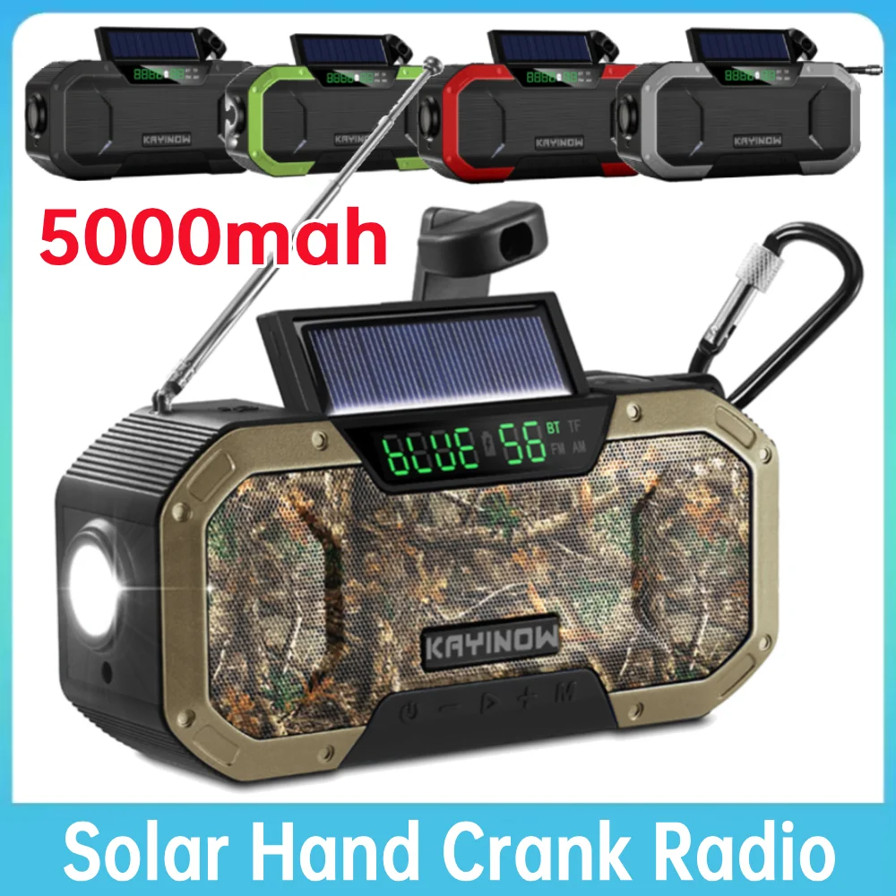 

Многофункциональный динамик Bluetooth5.0 с рукояткой, солнечное радио AM/FM 5000 мАч со светодиодным фонариком, водонепроницаемое аварийное радио