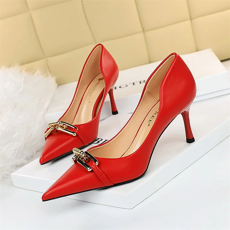 Elegant Women Shallow Mouth Pumps Metal Button Thin Heel Single Shoes Stiletto Banquet Pointed Toe Hollow High Heel