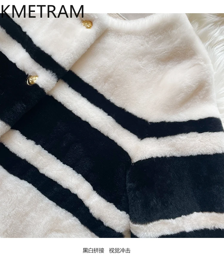 Naturalna wełna merino, skóra owcza, dwustronna kurtka futrzana damska, luksusowy czarno-biały płaszcz z prawdziwego futra, odzież zimowa 2025, fourrure