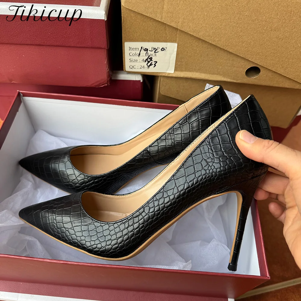 New 12cm 10cm Matte Black Red Snake Sexy Women Pointed Toe Thin High Heels Work Ladies Shallow Stiletto Party Pumps Dress Shoes