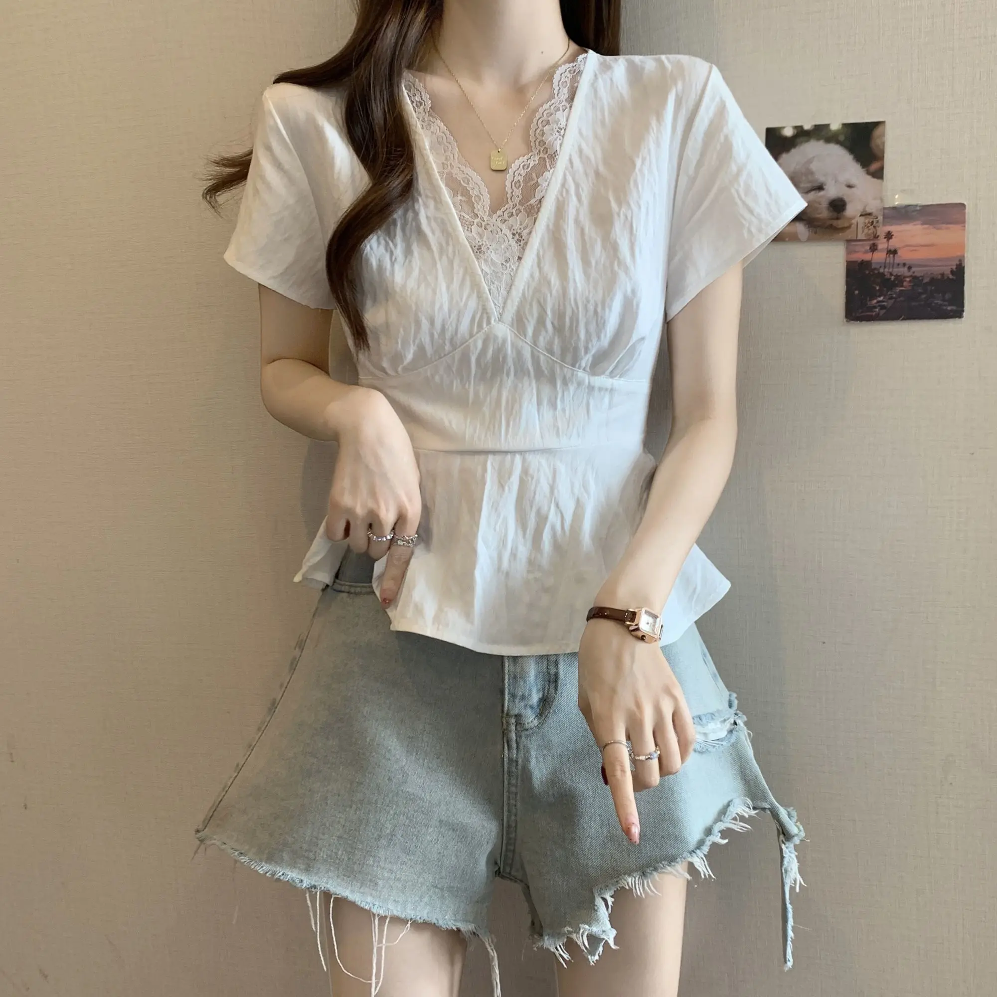 Kurzarmhemden für Damen, Denim, Patchwork, Ballonärmel, geknöpftes Hemd, Club, Retro, Freund, Streetwear, Student, Jugend, Urban