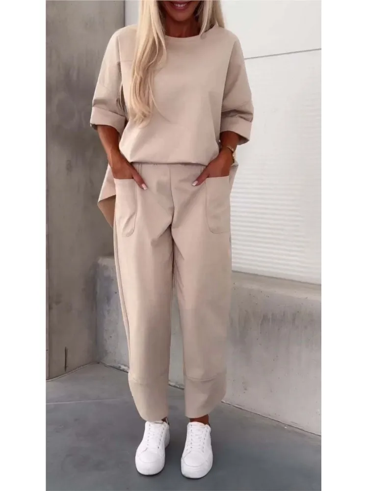 Autumn Casual Round Neck Pocket Tracksuit Retro Solid Women Top And Pants Sets 2024 Fashion Winter Long Sleeve Loose Female Set