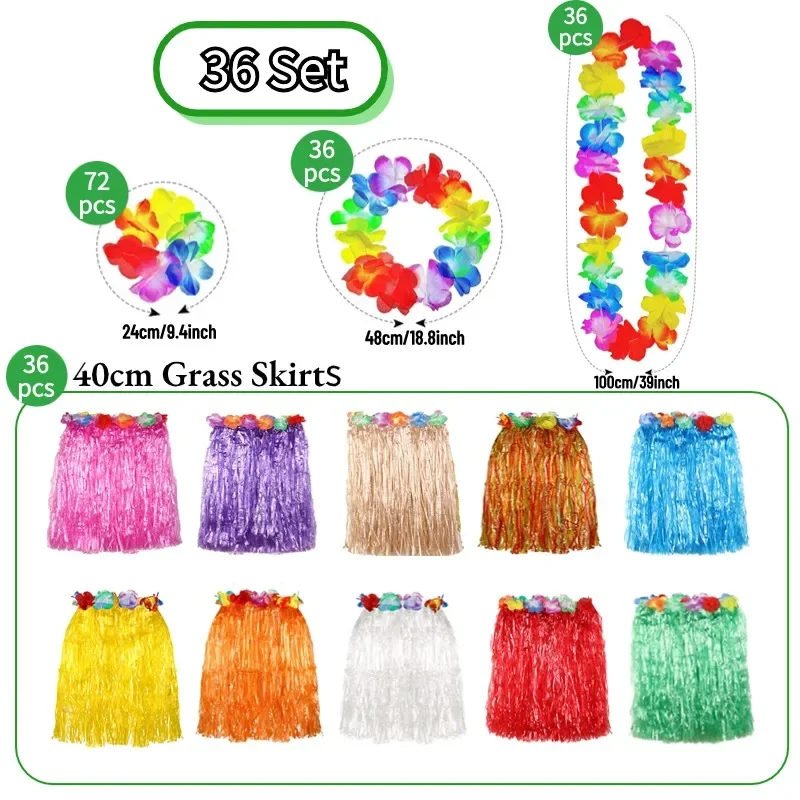

6-48 комплектов юбок Luau Hula, гавайское цветочное ожерелье, повязка на голову, гавайские юбки для вечеринки в стиле Луау, юбки из травы, сувениры для тропического пляжа и бассейна