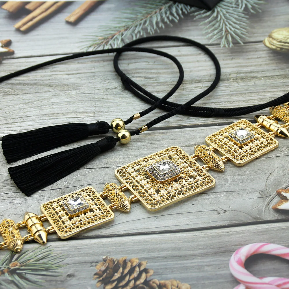 Neovisson Unique Black Handmade Rope Chain Belt Gold Color Morocco Belt Bride Wedding Jewely Tassels Chain Ladies Favorite Gift