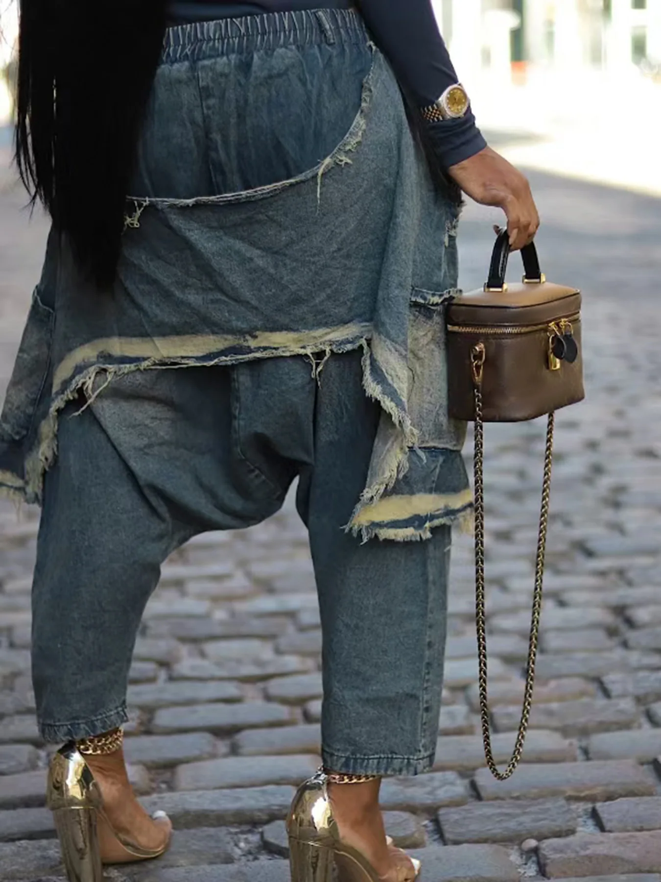 Jeans Women Harem Pants Hole Elastic Waist Tassels Washed Distressed Pockets Streetwear 2025 Ripped Ankle Length Trousers