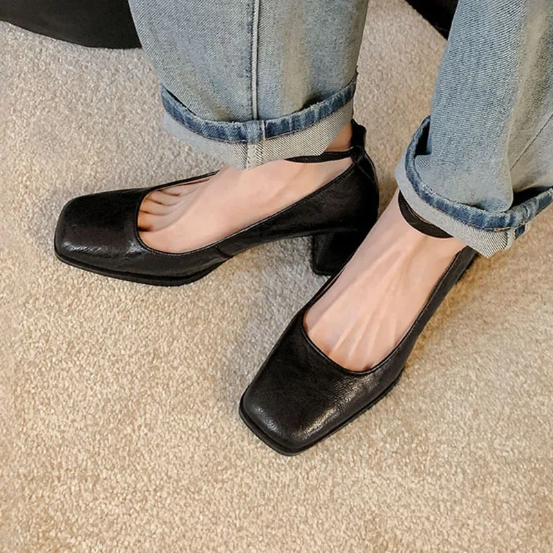 

Brown Leather Square Toe Shallow Mary Jane Pumps One-Line Buckle Thick High Heels Elegant Commuting Women Shoes Zapato De Tacon