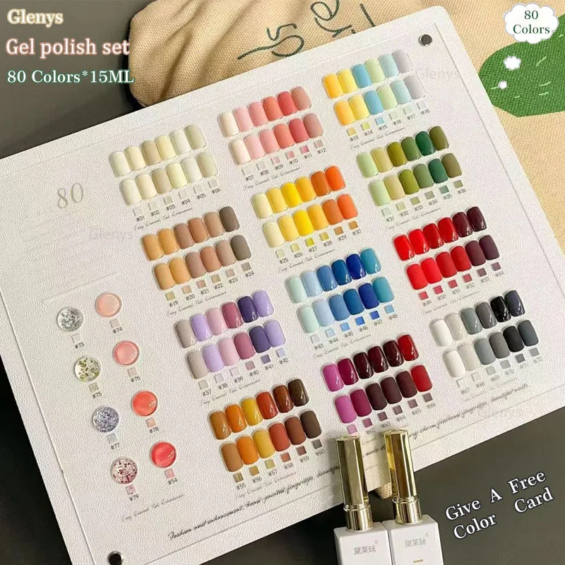 Glenys 80 color nail polish glue is popular in the season, new semi permanent immersion gel with color card nail art varnish set