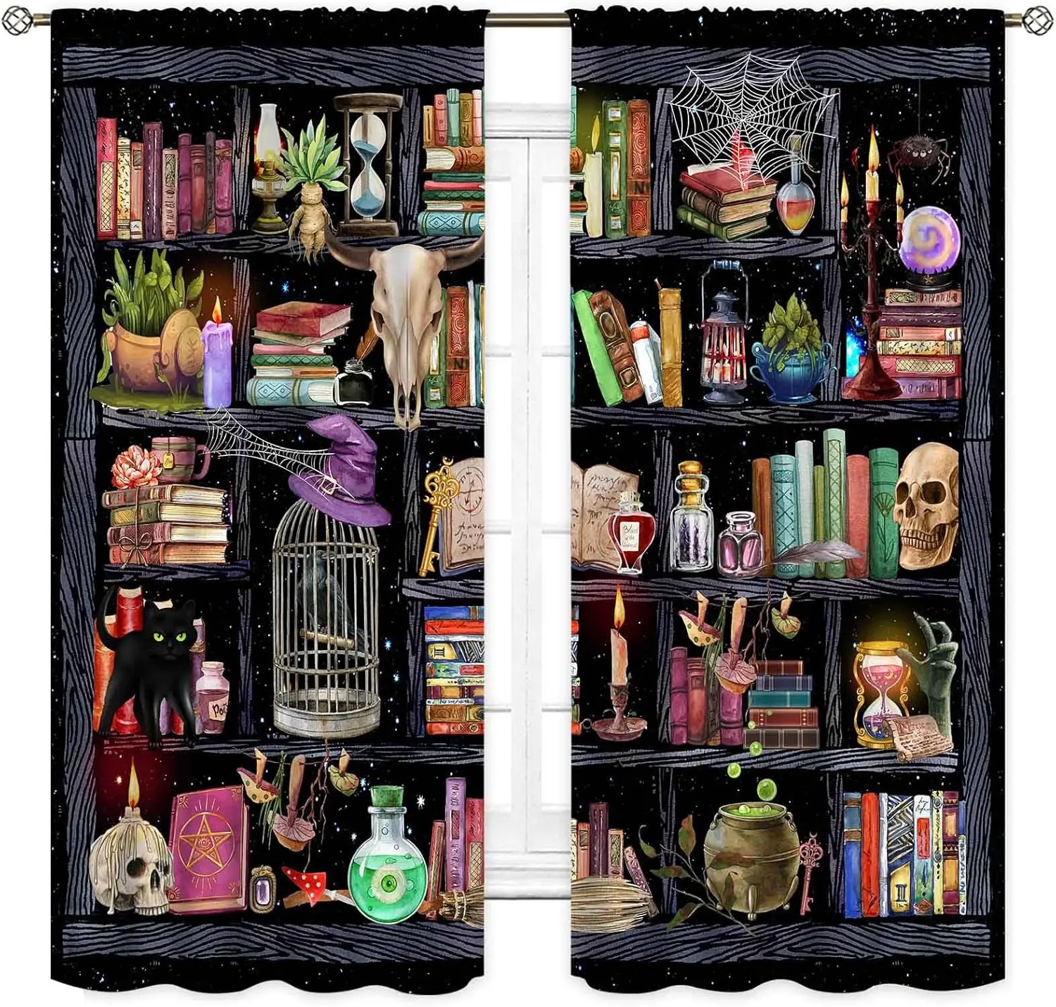 Witchy Curtains,Fantasy Magical Vintage Bookshelf Mysterious Bookcase Skull Spooky Gothe Blackout Window Drapery Treatments for