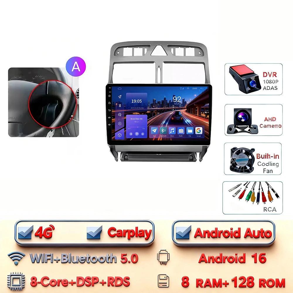 Android 16 Carplay Android Auto 2din Autoradio voor Peugeot 307 307CC 307 SW 2004-2013 4G WIFI GPS DSP BT Touchscreen Multimedia