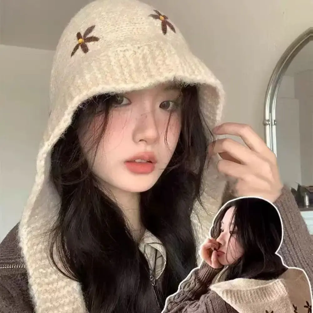 Kreatywna czapka typu pulower, czapka balaklava z kwiatami, urocza, prosta czapka dziergana, gruba czapka beanie, ciepła czapka zimowa.