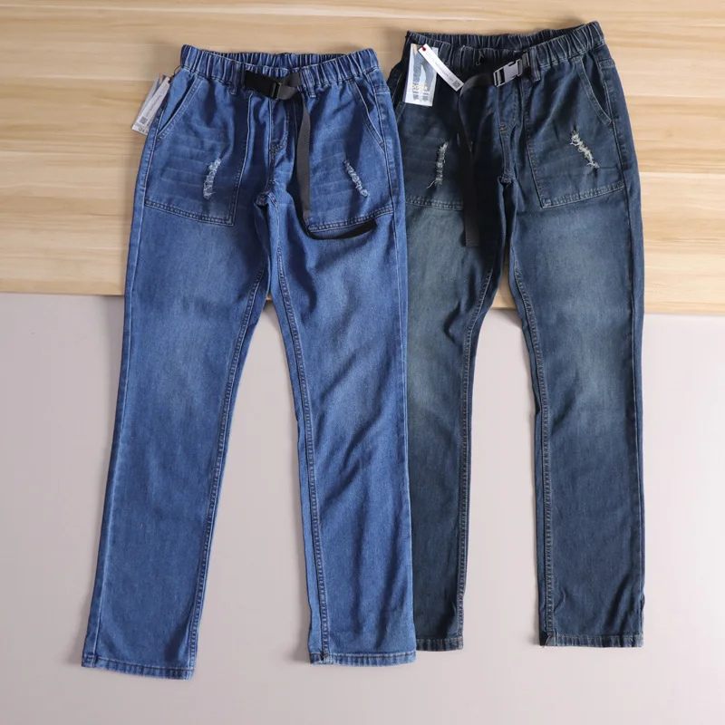 

Worn-In Distred Casual Men's Jeans Mid-low Waist Straight Leg Elastic Modern Sle Long Pants for Young Adults