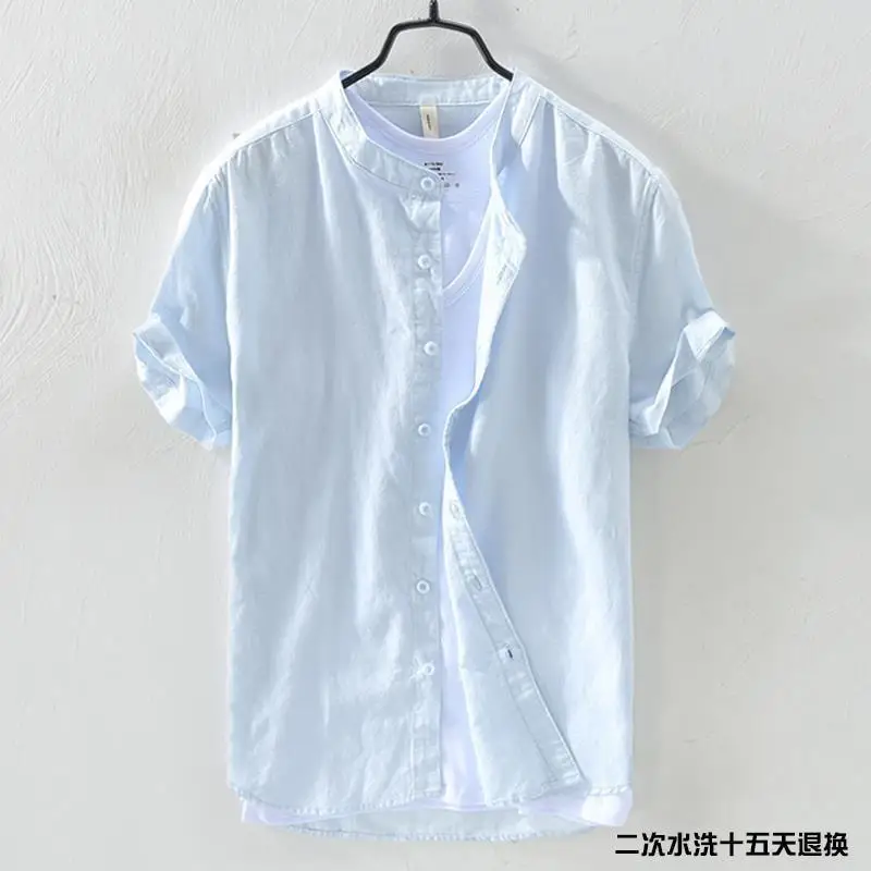 Short-sleeved Shirt Men's Stand Collar Loose Retro Thin Breathable Versatile Inch Clothes Dark Blue Cotton Linen Simple Casual