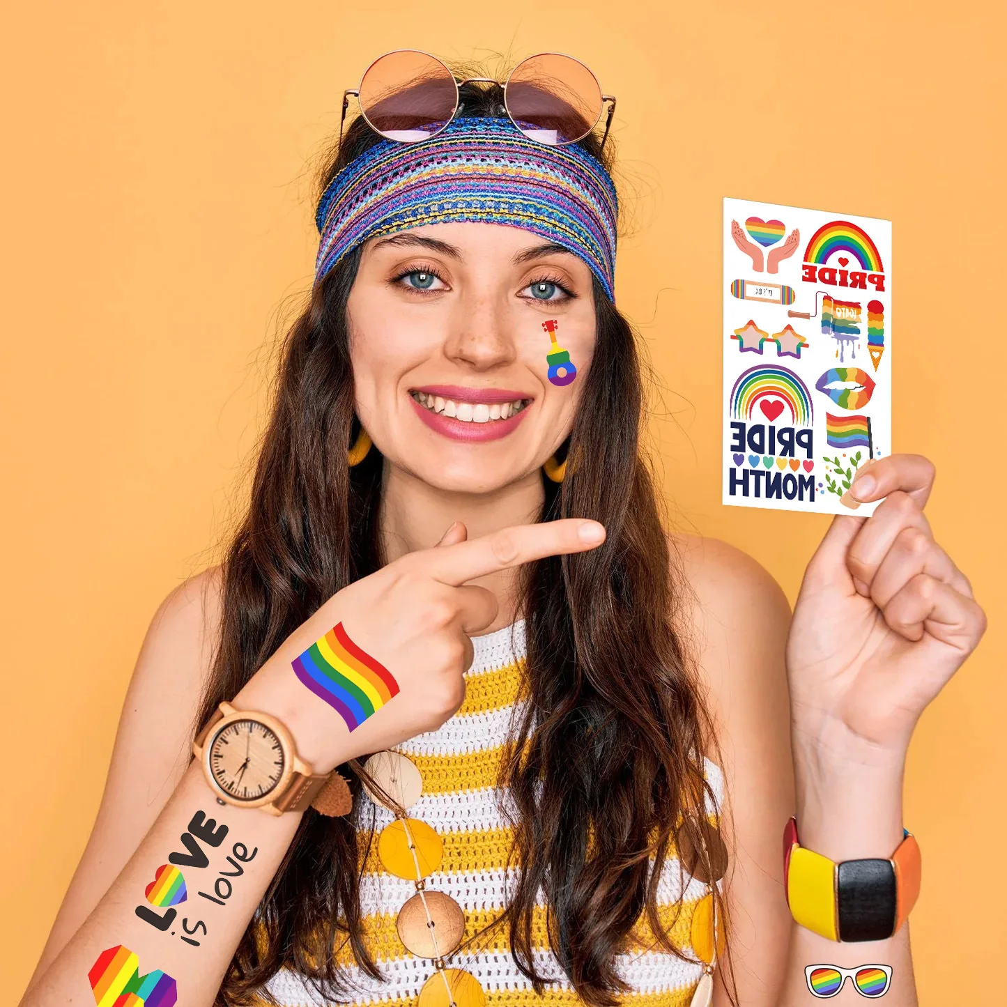 10 قطع من أوراق وشم الفخر، وشم الوجه LGBT Pride المؤقت، وإكسسوارات LGBT للمثليين للعرض والمهرجانات والحفلات