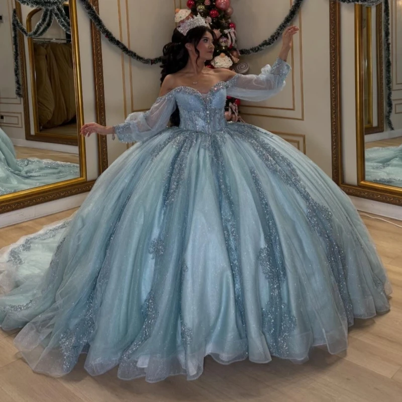 

Blue Shiny Quinceanera Dresses Off The Shoulder Applique Beading Crystal Tull Party Birthday Sweet 16 Dress Vestidos 15 Anos