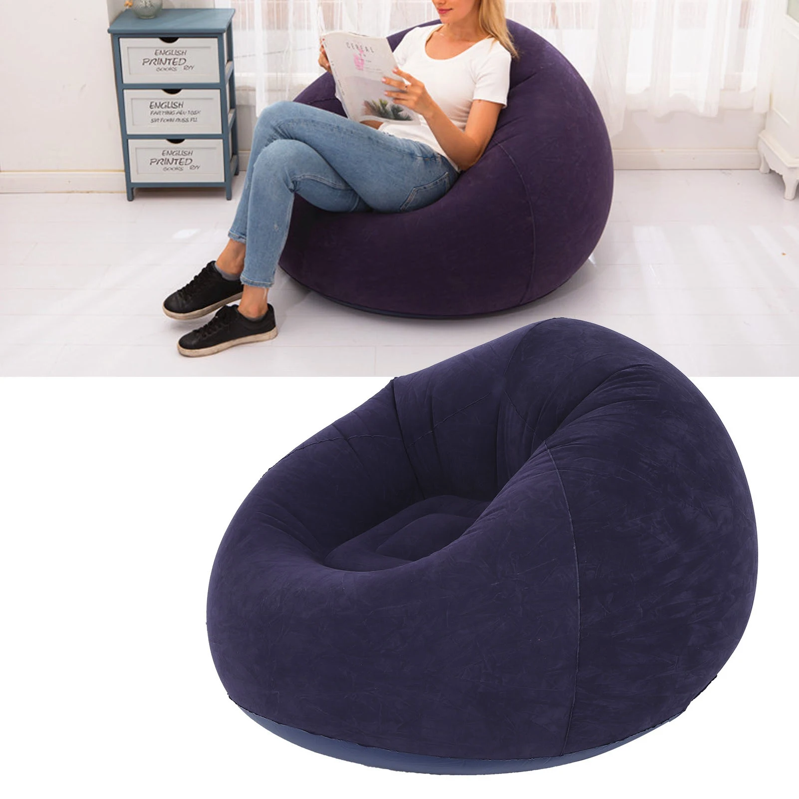 Round Flocked Inflatable Lazy Sofa, Bean Bag Chair, Soft Skin-Friendly Inflatable Lounge Couch For Indoor Bedroom Dorm Rest