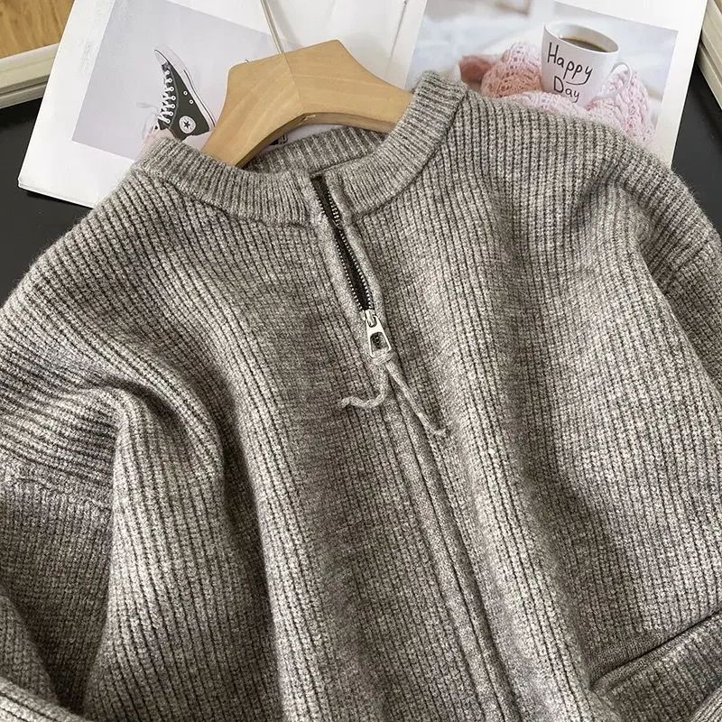 

Кардиган с двойной молнией и круглым вырезом, топ, мягкая вязаная куртка, свитер, женский весенне-осенний новый свободный карман