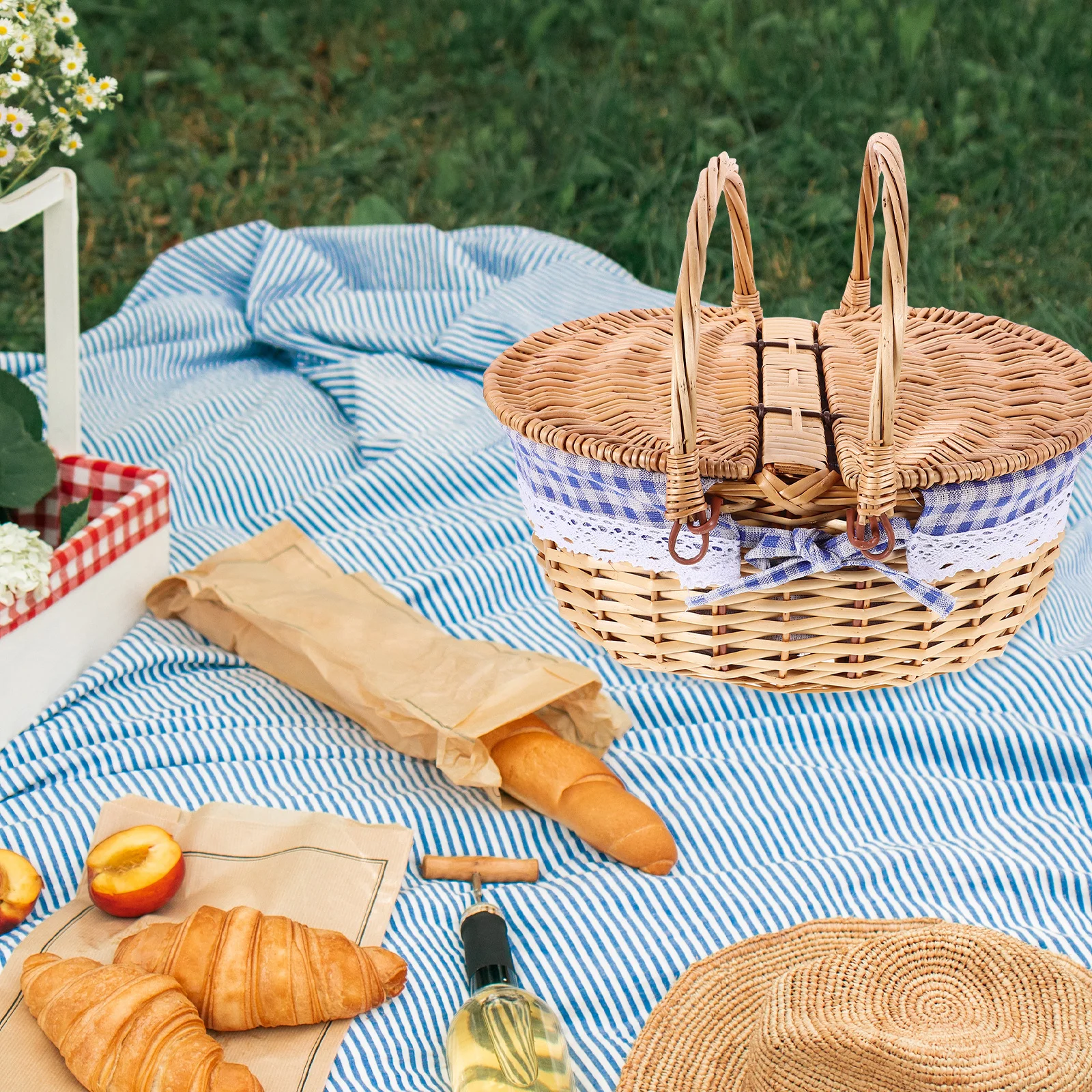 

1pc Woven Storage Basket With Lid Rustic Fruit Bread Snack Organizer Kitchen Bathroom Living Room Decorative Box