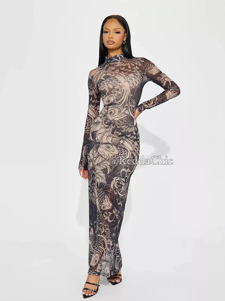 REDDACHiC โทเท็มรูปแบบชุดแม็กซี่สำหรับผู้หญิงแขนยาวคอเต่าตาข่ายยืดซีทรูบอดี้คอน Y2k ปาร์ตี้ชุดเทศกาล