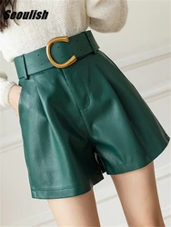 Seoulish Green Women's PU Leather Shorts with Belted 2022 New Stylish Pocket Elegant Casual Shorts Trousers Female Autumn Winter