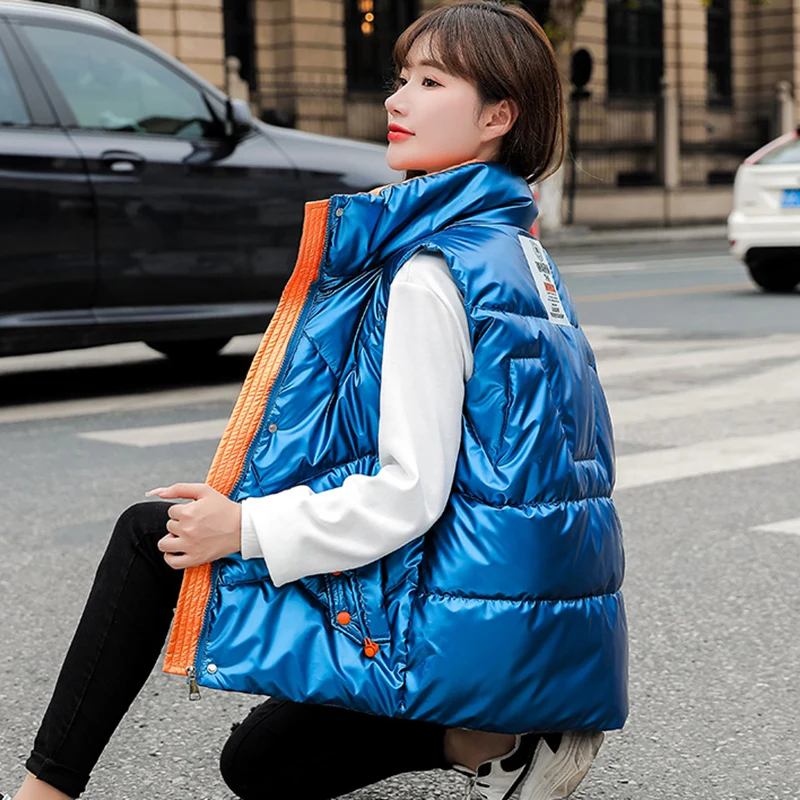 Mulheres outono inverno novo curto brilhante colete sem mangas jaqueta de neve fino gola para baixo coletes de algodão feminino chique quente colete