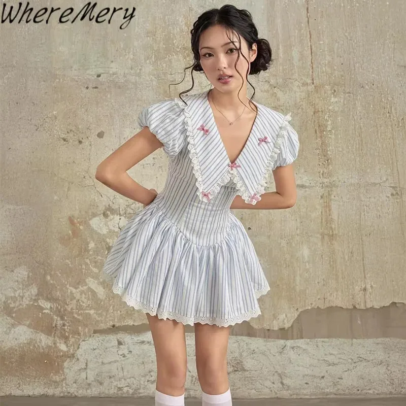

WhereMery Korean Sexy Stripe Printed Summer Mini Dress Women's 2025 Y2K Puff Sleeve V-neck A line Dresses Casual Preppy Vestidos